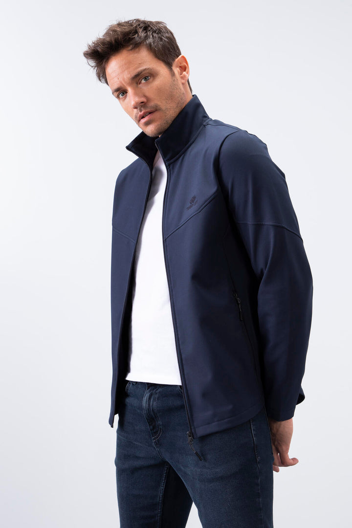 TMY Navy Zippered High Neck Water and Wind Resistant Softshell Men's Jacket - 88050 - Zalău