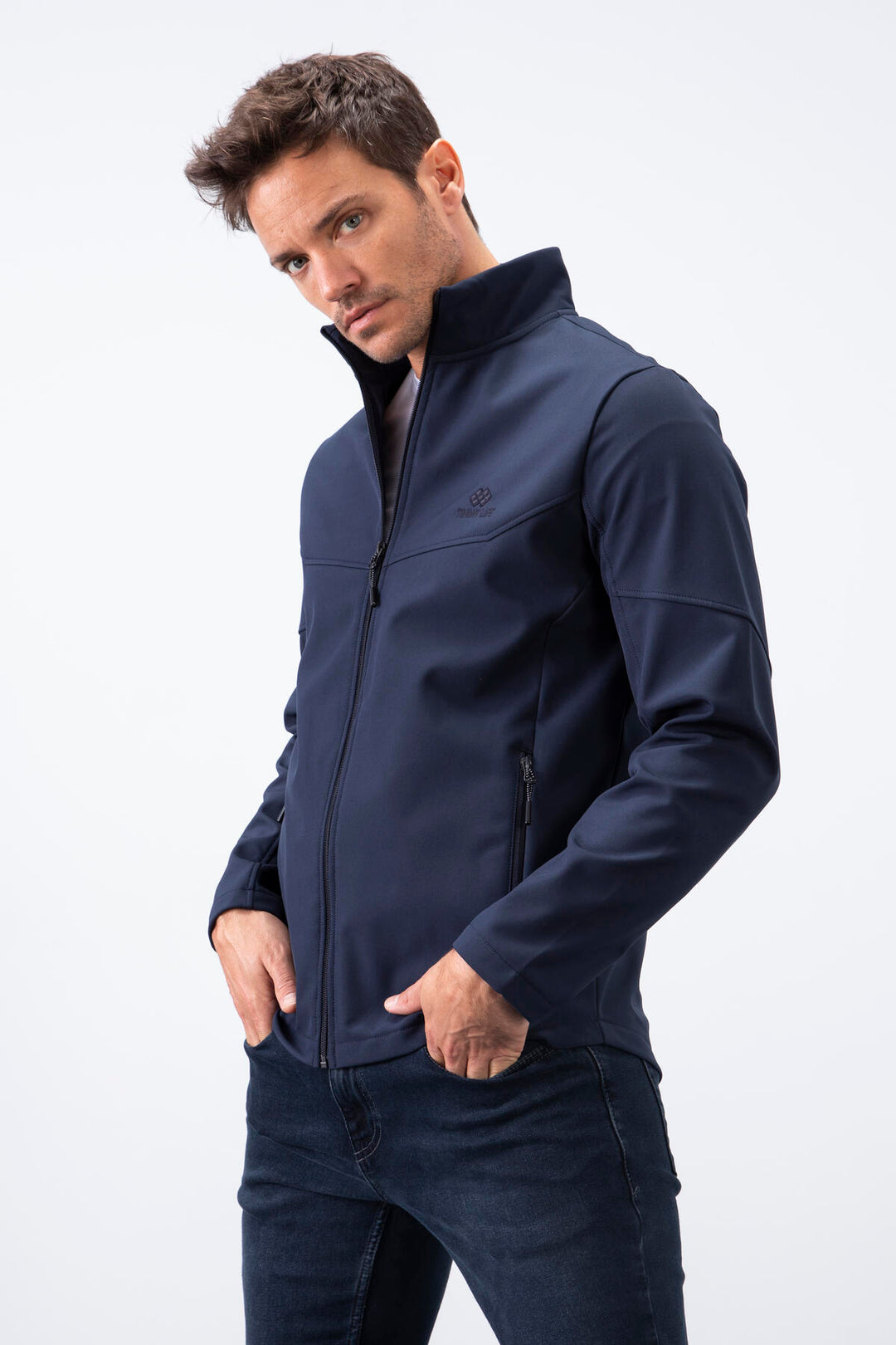 TMY Navy Zippered High Neck Water and Wind Resistant Softshell Men's Jacket - 88050 - Zalău