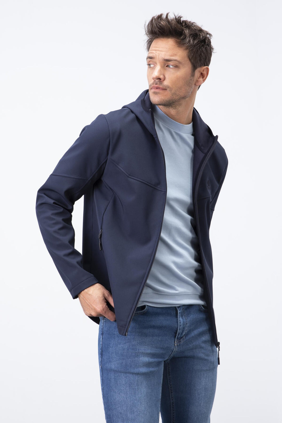 TMY Navy Blue Zippered Hooded Water and Wind Resistant Softshell Men's Jacket - 88051 - Alès