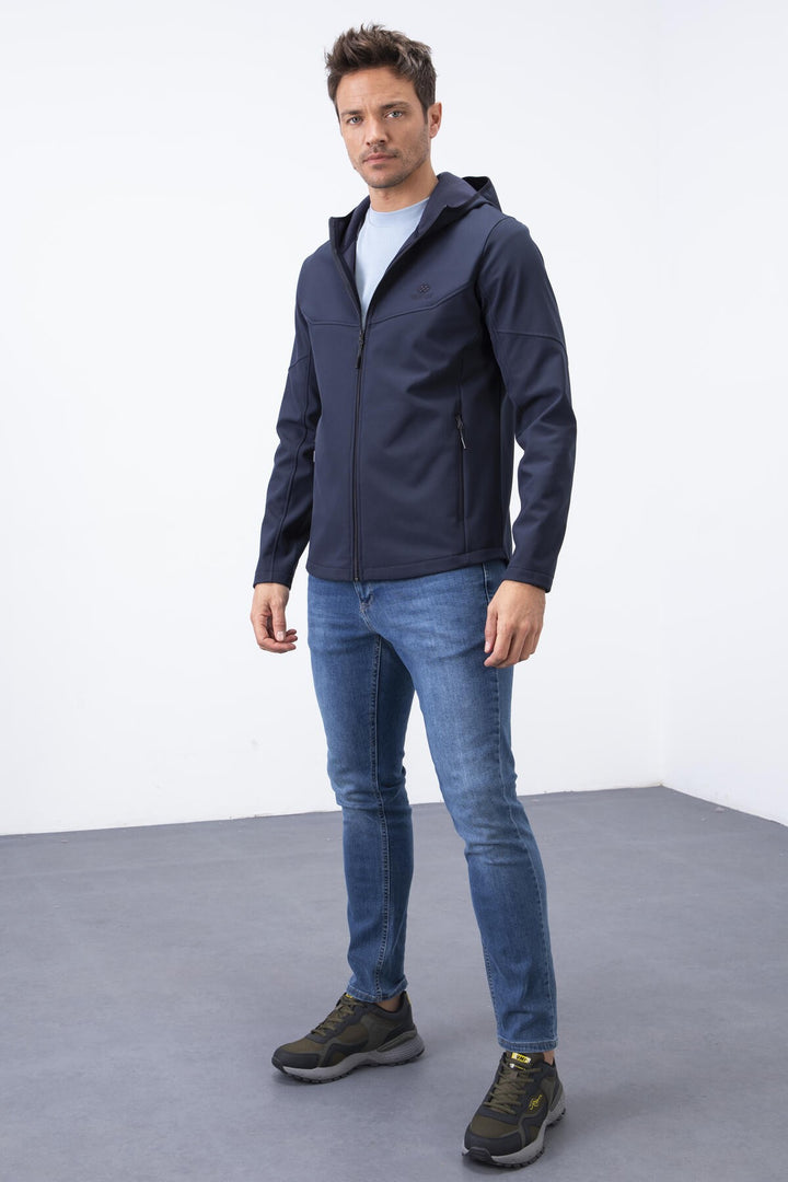 TMY Navy Blue Zippered Hooded Water and Wind Resistant Softshell Men's Jacket - 88051 - Alès