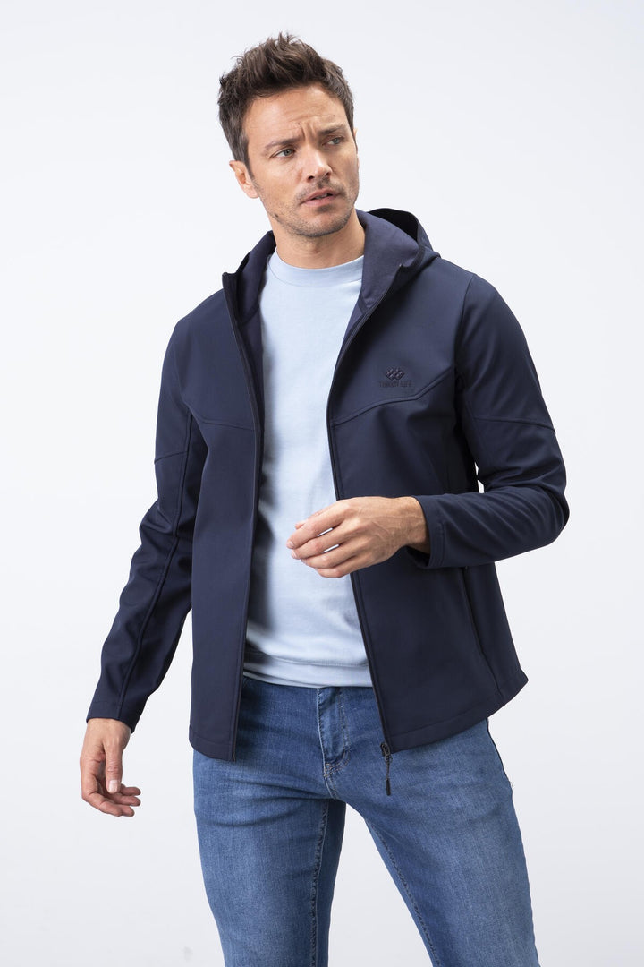 TMY Navy Blue Zippered Hooded Water and Wind Resistant Softshell Men's Jacket - 88051 - Alès