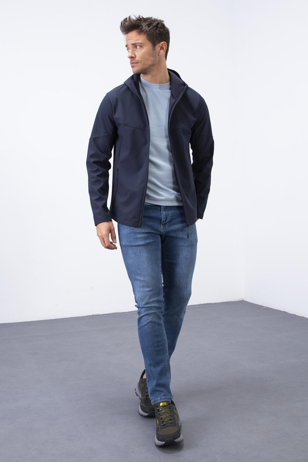 TMY Navy Blue Zippered Hooded Water and Wind Resistant Softshell Men's Jacket - 88051 - Alès