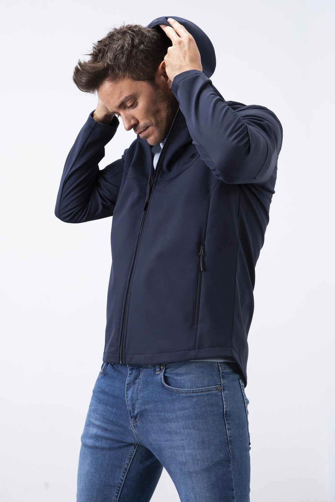 TMY Navy Blue Zippered Hooded Water and Wind Resistant Softshell Men's Jacket - 88051 - Alès