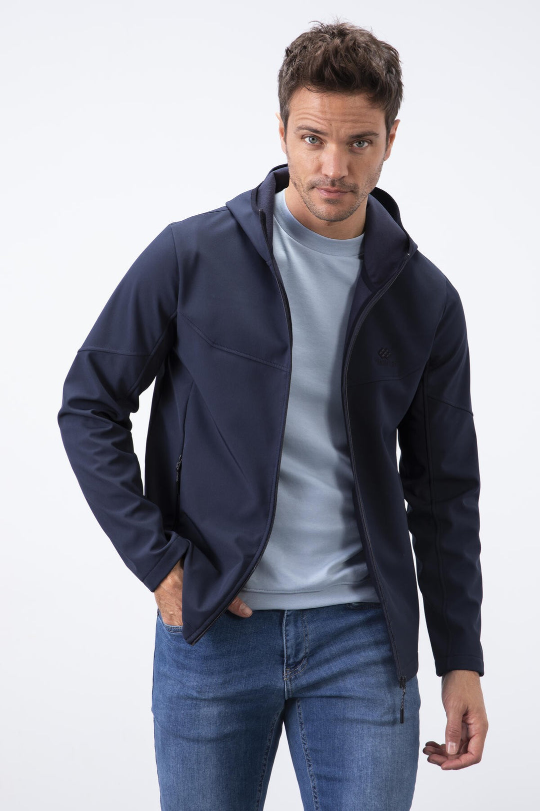 TMY Navy Blue Zippered Hooded Water and Wind Resistant Softshell Men's Jacket - 88051 - Alès