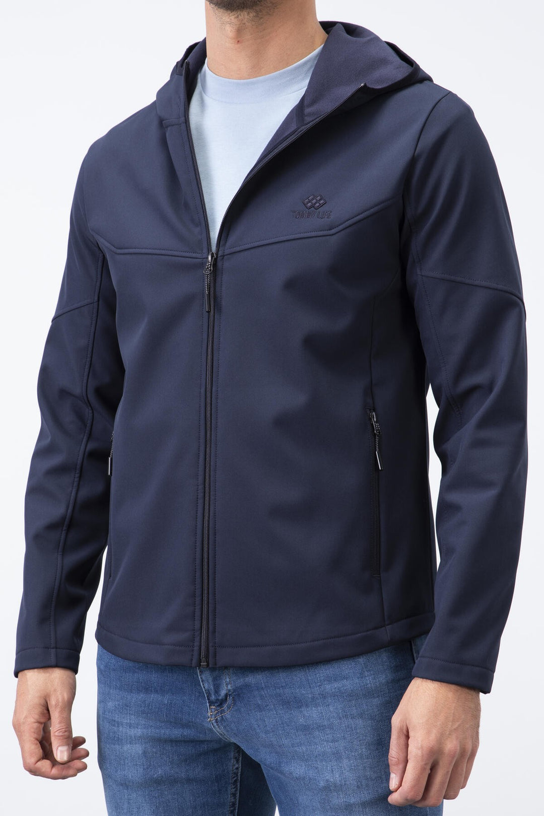 TMY Navy Blue Zippered Hooded Water and Wind Resistant Softshell Men's Jacket - 88051 - Alès