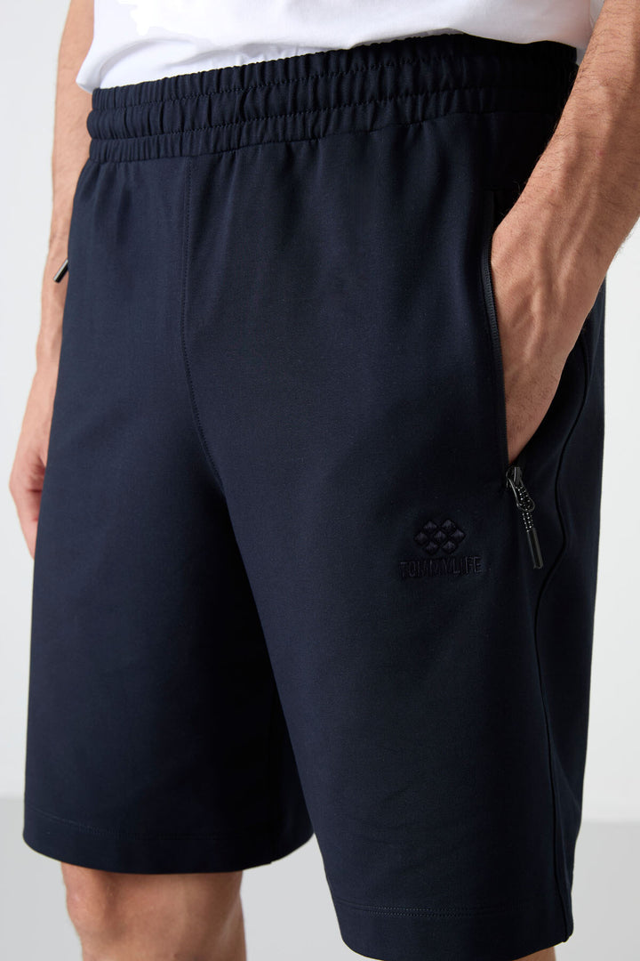 TMY Navy Blue Hidden Zipper Back Pocket Lace-Up Regular Fit Men's Shorts - 81136 - Tooele