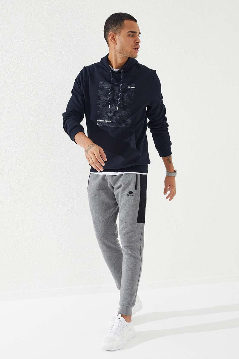 TMY Navy Camouflage Pattern Printed Standard Fit Hooded Men's Sweatshirt - 87884 - Tonalá