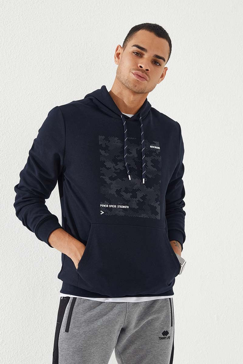 TMY Navy Camouflage Pattern Printed Standard Fit Hooded Men's Sweatshirt - 87884 - Tonalá