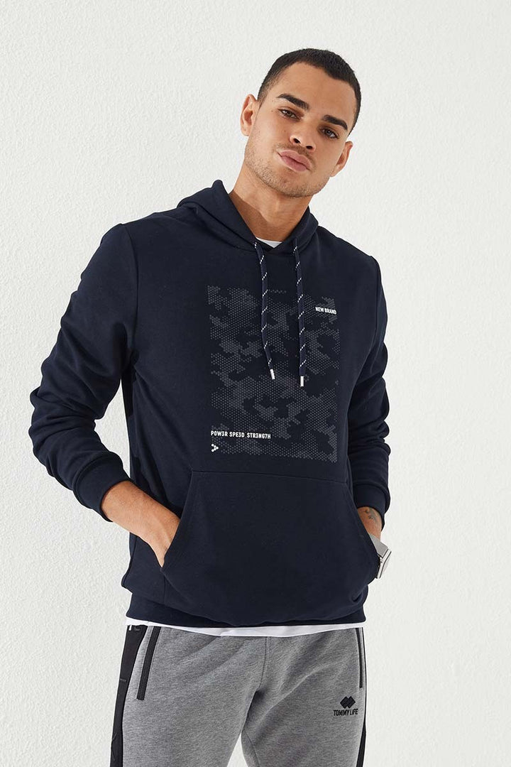 TMY Navy Camouflage Pattern Printed Standard Fit Hooded Men's Sweatshirt - 87884 - Tonalá