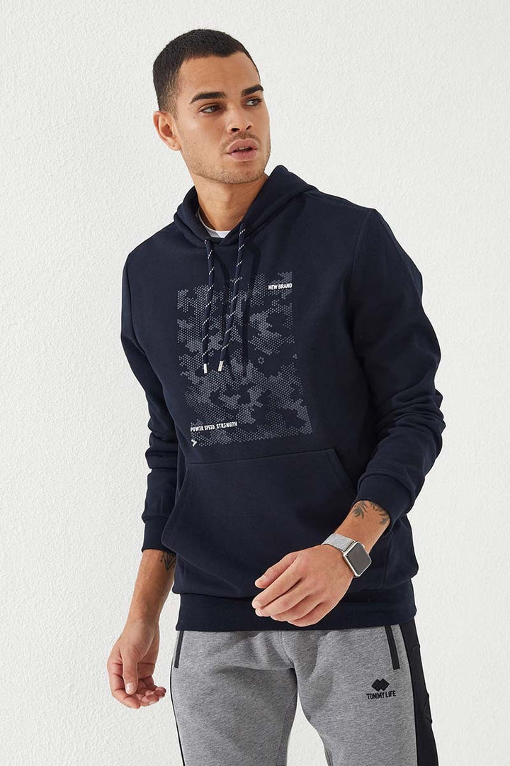 TMY Navy Camouflage Pattern Printed Standard Fit Hooded Men's Sweatshirt - 87884 - Tonalá