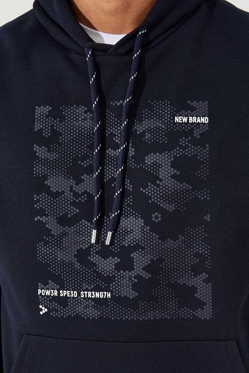 TMY Navy Camouflage Pattern Printed Standard Fit Hooded Men's Sweatshirt - 87884 - Tonalá