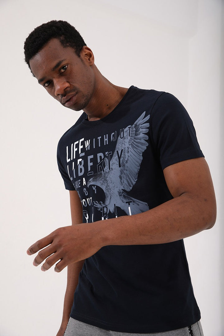 TMY Navy Eagle Printed Standard Fit Crew Neck Men's T-Shirt - 87932 - Hounslow
