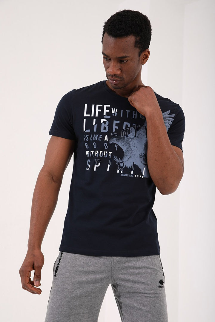 TMY Navy Eagle Printed Standard Fit Crew Neck Men's T-Shirt - 87932 - Hounslow