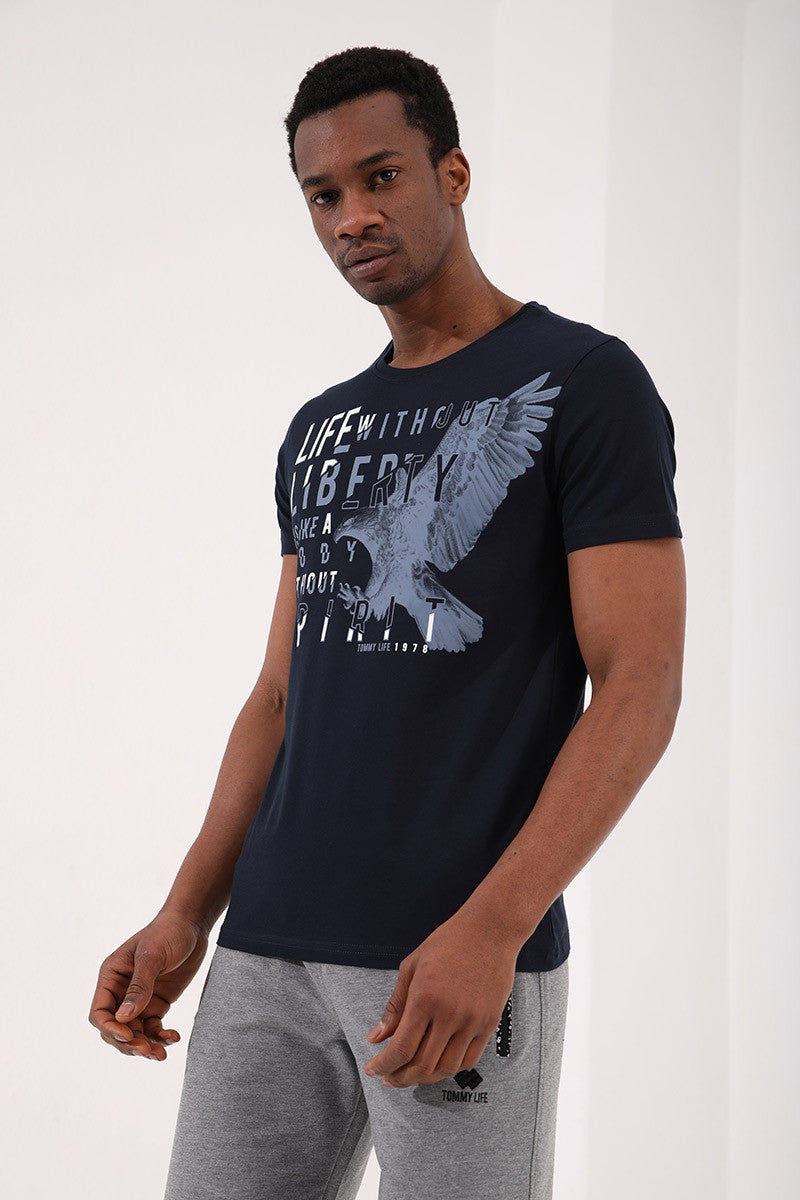 TMY Navy Eagle Printed Standard Fit Crew Neck Men's T-Shirt - 87932 - Hounslow
