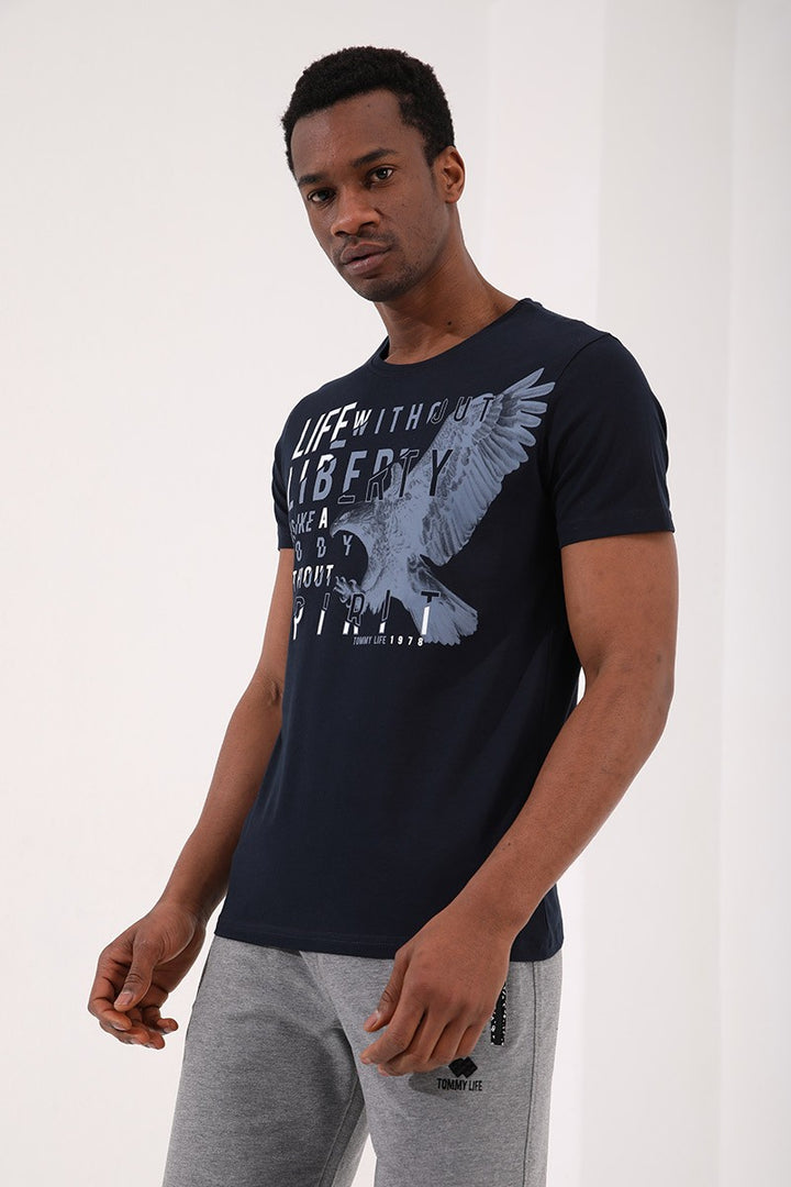 TMY Navy Eagle Printed Standard Fit Crew Neck Men's T-Shirt - 87932 - Hounslow