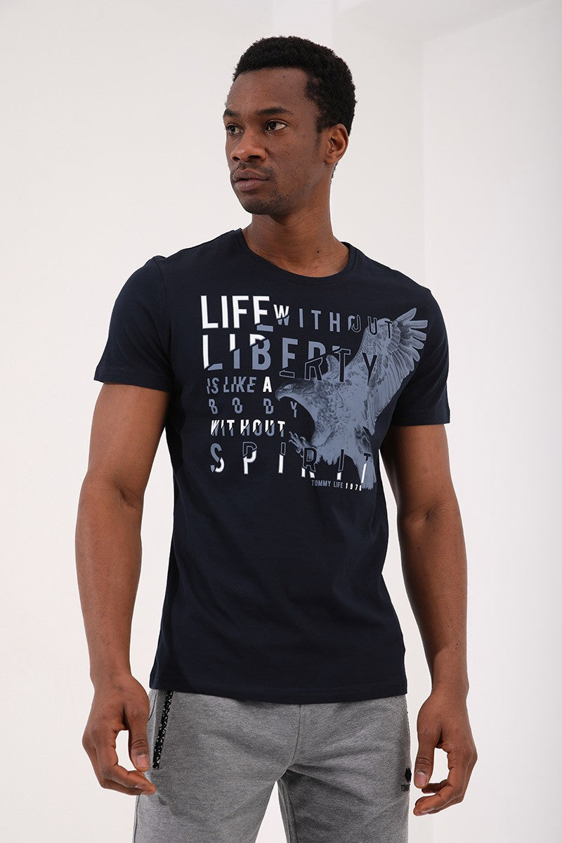 TMY Navy Eagle Printed Standard Fit Crew Neck Men's T-Shirt - 87932 - Hounslow