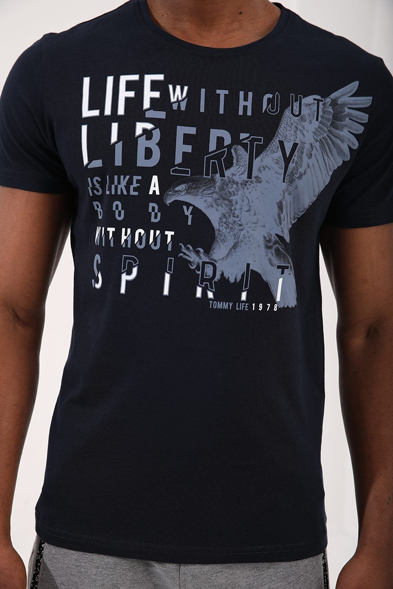 TMY Navy Eagle Printed Standard Fit Crew Neck Men's T-Shirt - 87932 - Hounslow
