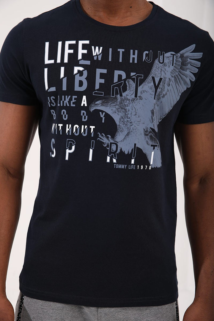 TMY Navy Eagle Printed Standard Fit Crew Neck Men's T-Shirt - 87932 - Hounslow