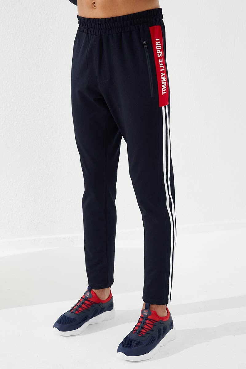 TMY Navy - Red Printed Double Striped Slim Fit Jogger Men's Sweatpants - 84780 - Kawartha Lakes