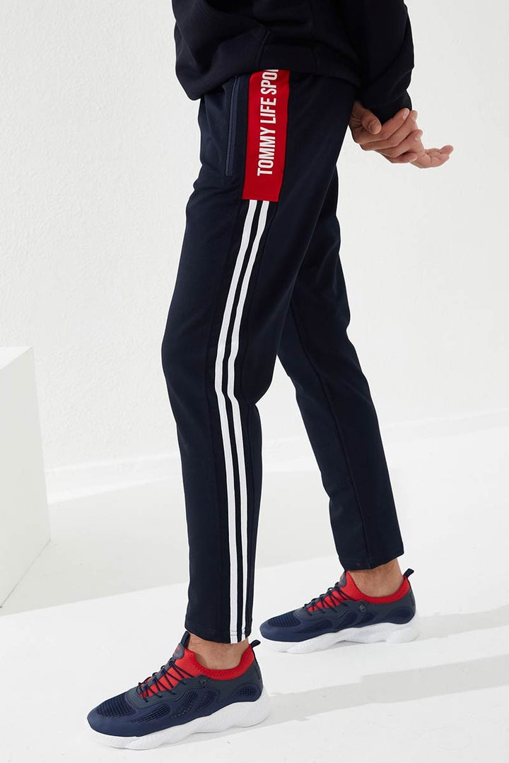 TMY Navy - Red Printed Double Striped Slim Fit Jogger Men's Sweatpants - 84780 - Kawartha Lakes
