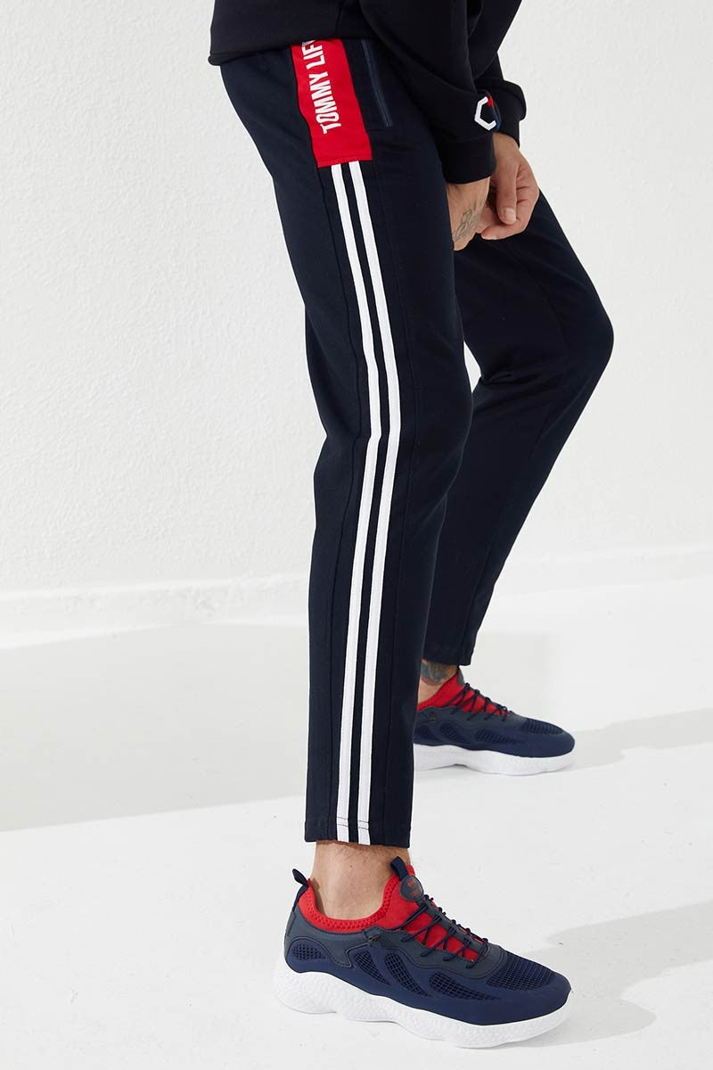 TMY Navy - Red Printed Double Striped Slim Fit Jogger Men's Sweatpants - 84780 - Kawartha Lakes