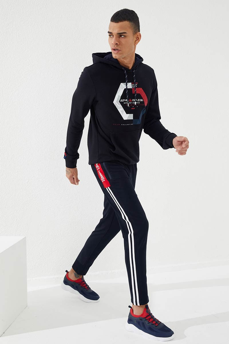 TMY Navy - Red Printed Double Striped Slim Fit Jogger Men's Sweatpants - 84780 - Kawartha Lakes
