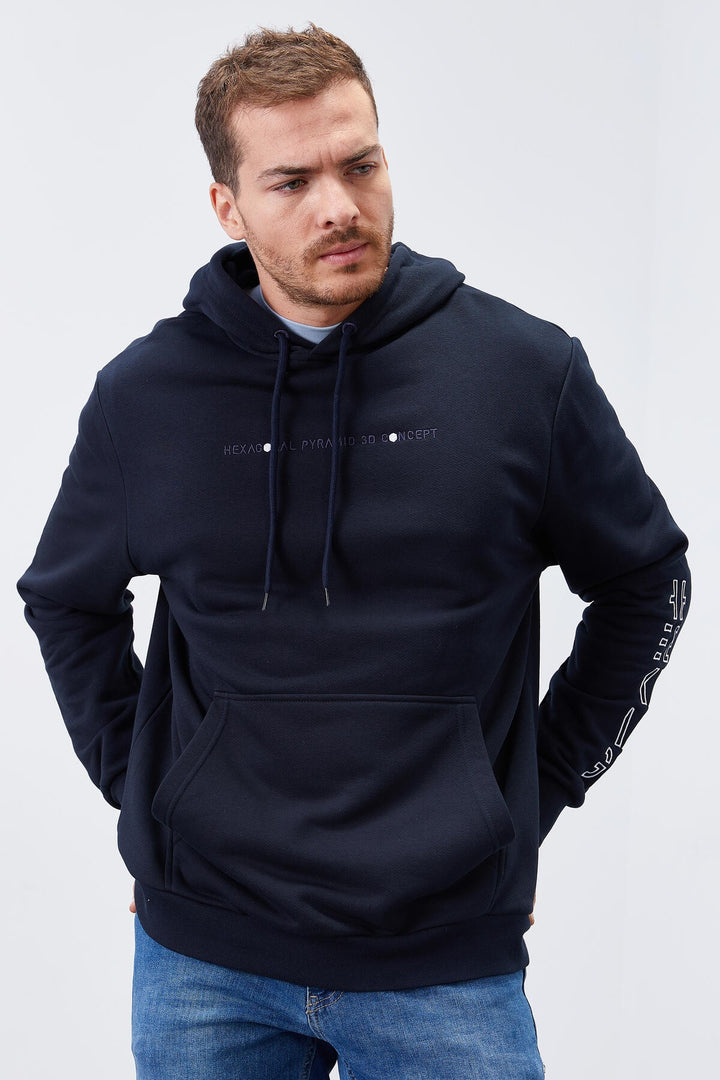 TMY Navy Blue Hooded Comfort Fit Men's Sweatshirt with Arm Print - 88038 - Chatham