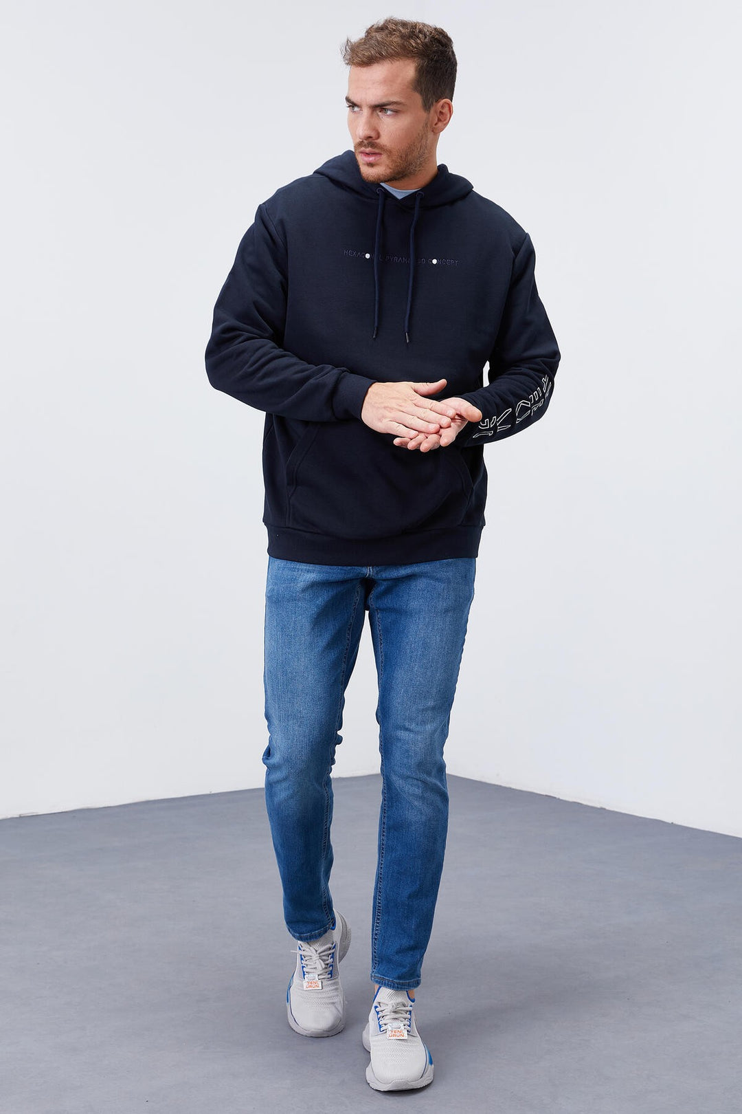TMY Navy Blue Hooded Comfort Fit Men's Sweatshirt with Arm Print - 88038 - Chatham