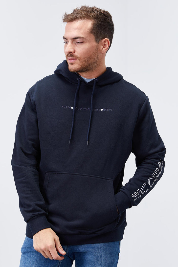 TMY Navy Blue Hooded Comfort Fit Men's Sweatshirt with Arm Print - 88038 - Chatham