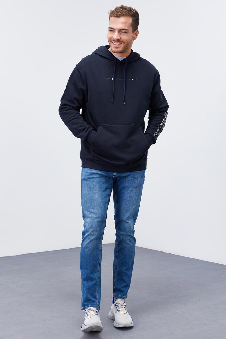 TMY Navy Blue Hooded Comfort Fit Men's Sweatshirt with Arm Print - 88038 - Chatham