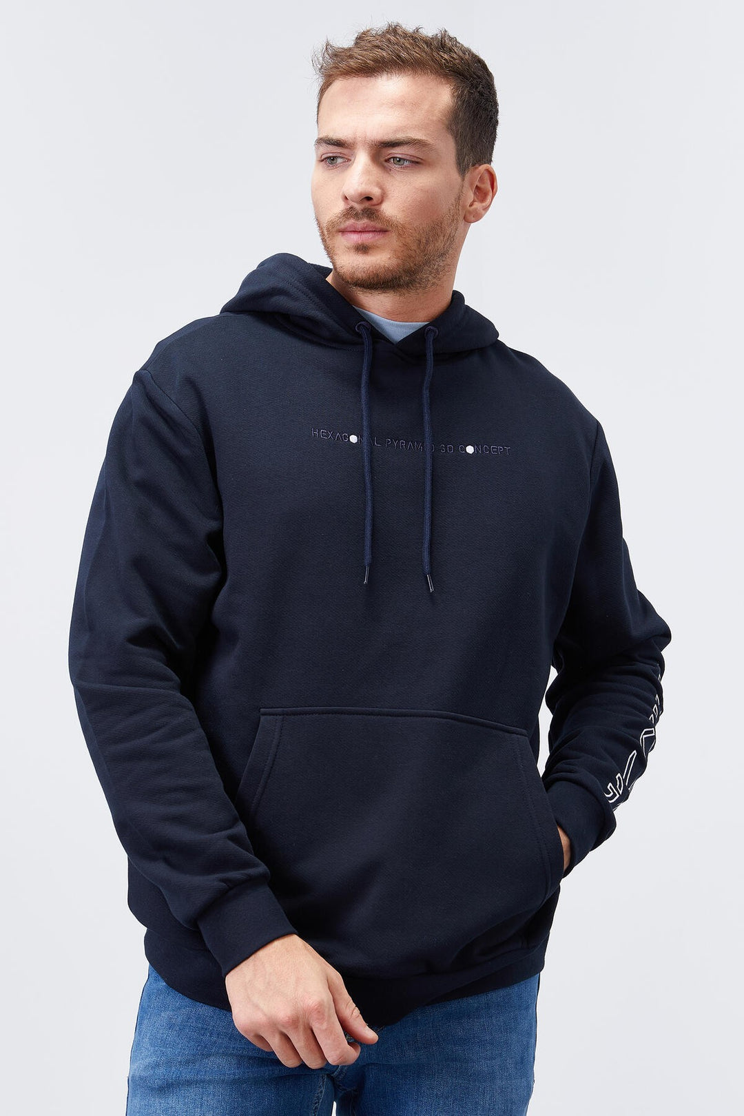 TMY Navy Blue Hooded Comfort Fit Men's Sweatshirt with Arm Print - 88038 - Chatham