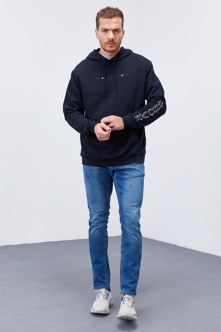 TMY Navy Blue Hooded Comfort Fit Men's Sweatshirt with Arm Print - 88038 - Chatham