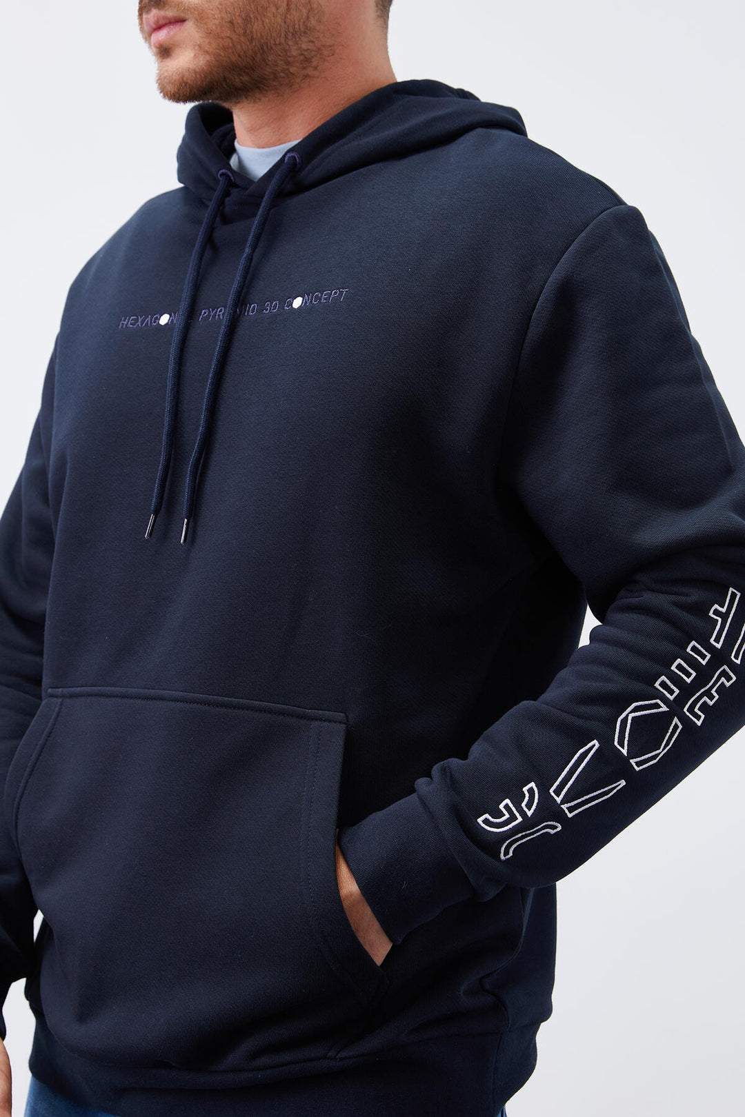 TMY Navy Blue Hooded Comfort Fit Men's Sweatshirt with Arm Print - 88038 - Chatham