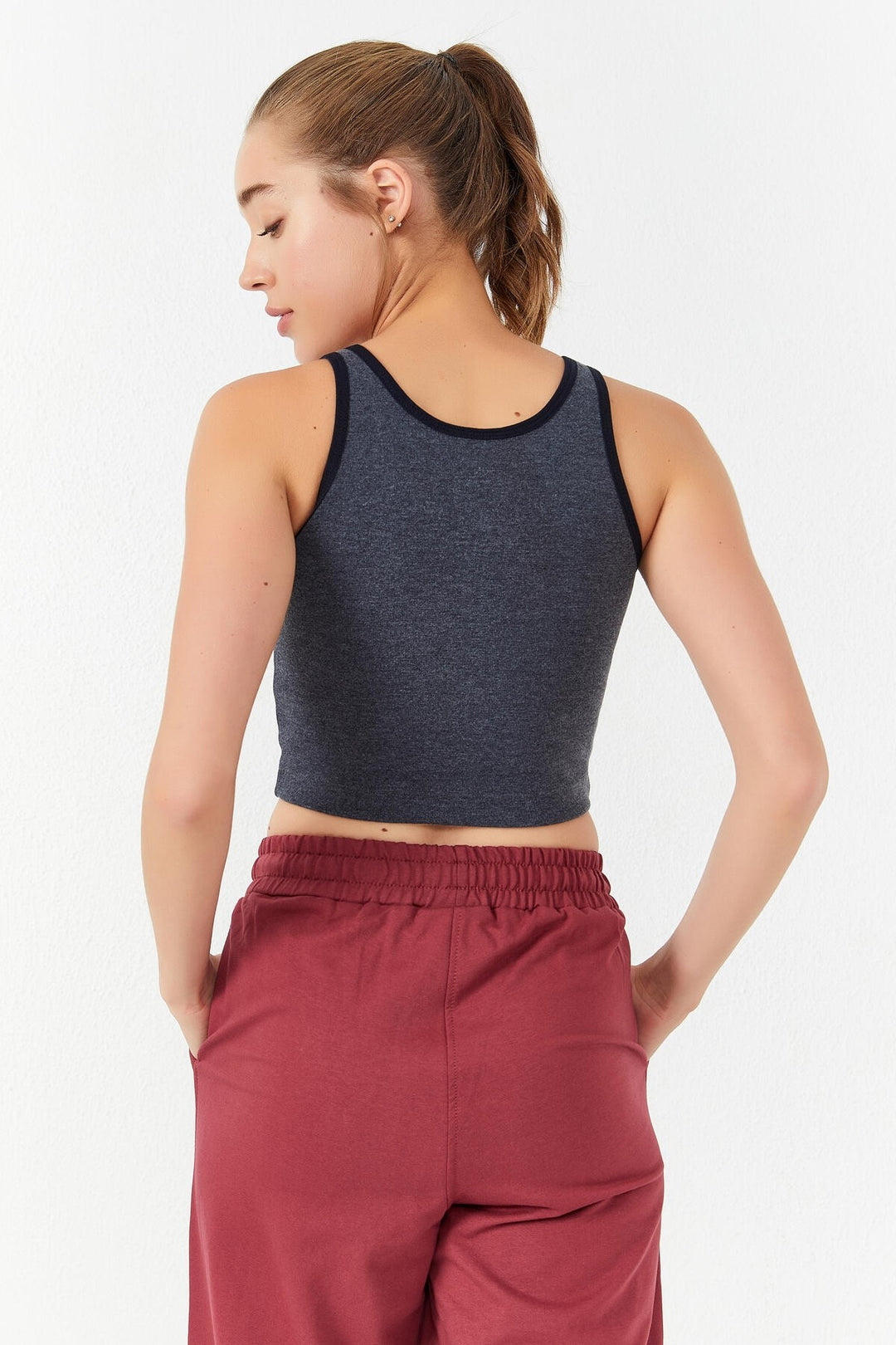 TMY Navy Melange Basic Sleeveless Slim Fit U Neck Women's Crop Top Tank Top - 97162 - Pylaía