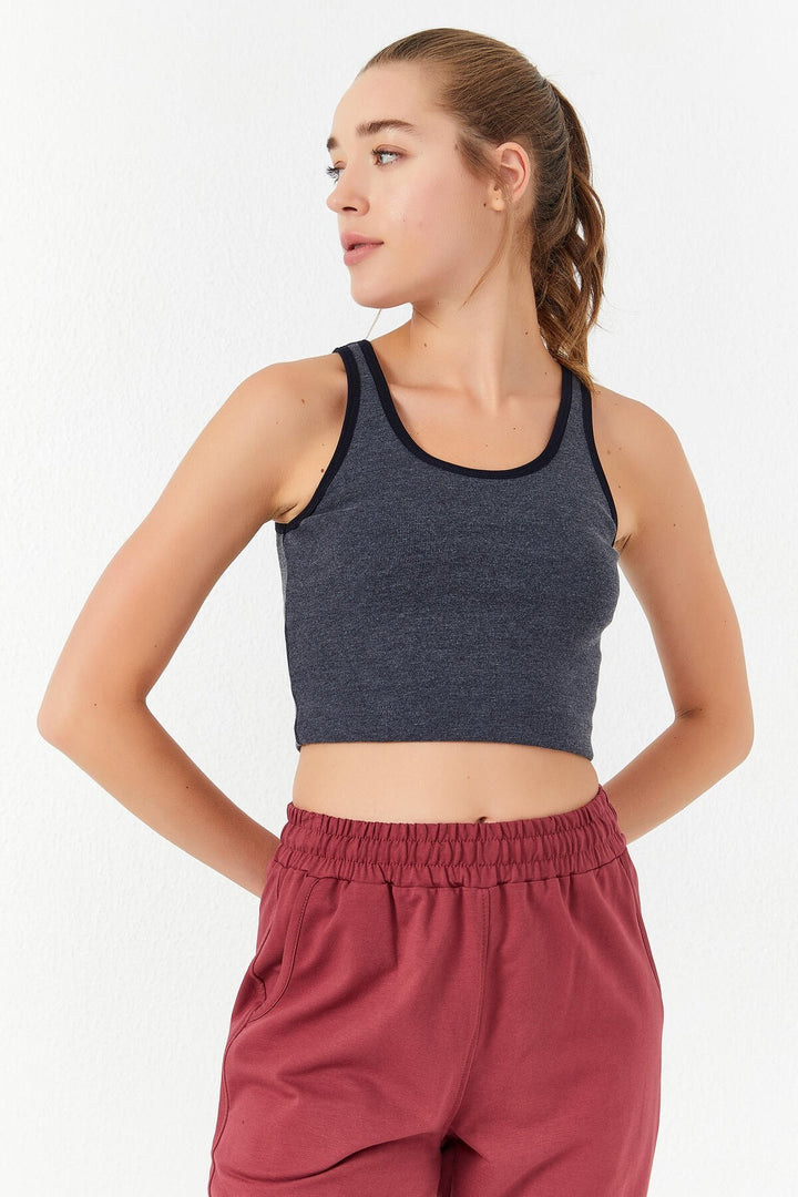 TMY Navy Melange Basic Sleeveless Slim Fit U Neck Women's Crop Top Tank Top - 97162 - Pylaía