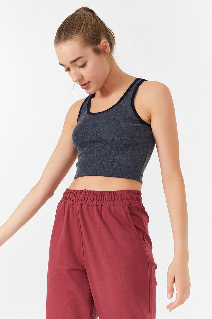 TMY Navy Melange Basic Sleeveless Slim Fit U Neck Women's Crop Top Tank Top - 97162 - Pylaía