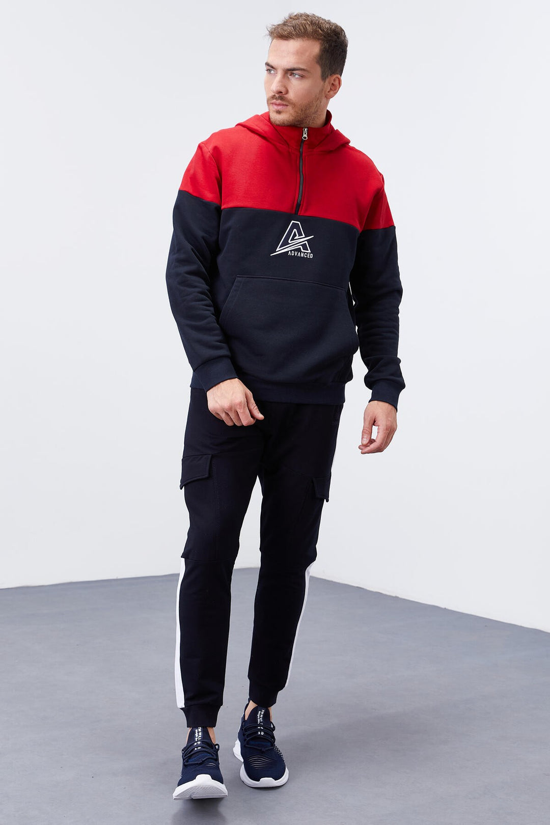 TMY Navy Blue Men's Half Zip Standard Fit Hooded Sweatshirt - 88033 - Langenhagen