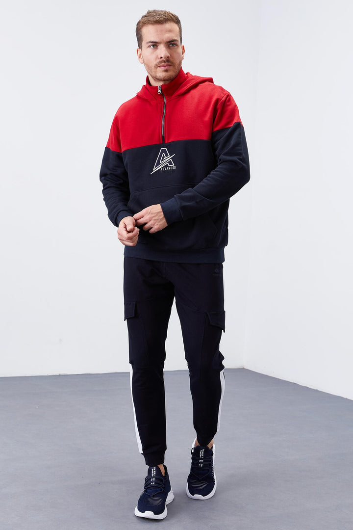 TMY Navy Blue Men's Half Zip Standard Fit Hooded Sweatshirt - 88033 - Langenhagen