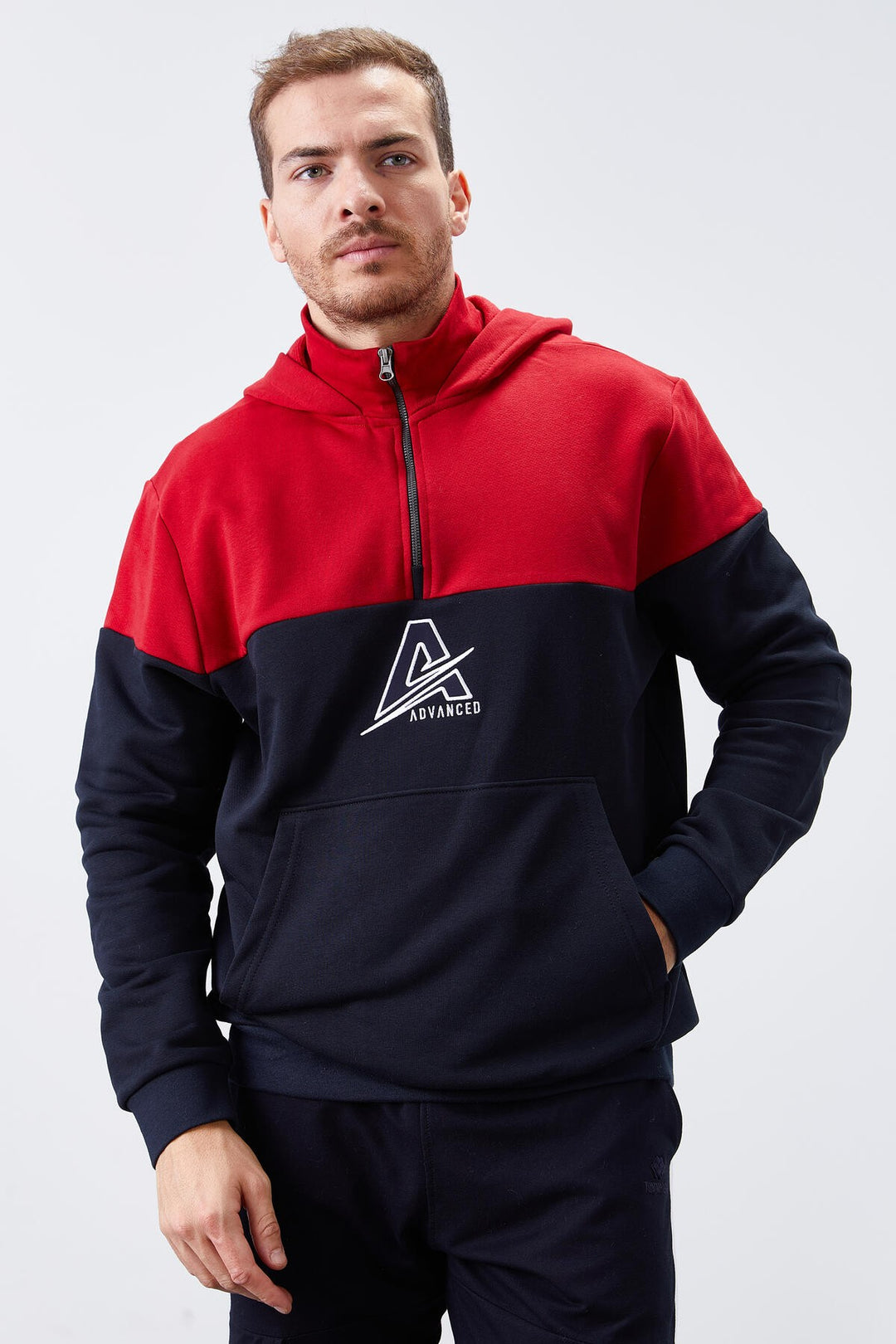 TMY Navy Blue Men's Half Zip Standard Fit Hooded Sweatshirt - 88033 - Langenhagen
