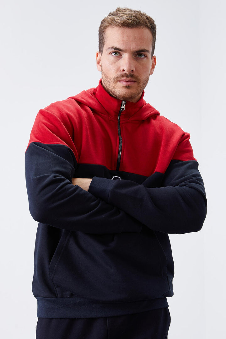 TMY Navy Blue Men's Half Zip Standard Fit Hooded Sweatshirt - 88033 - Langenhagen