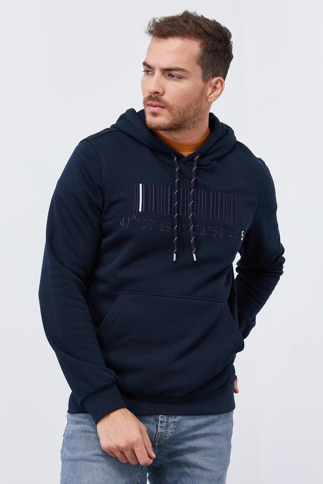 TMY Navy Blue Embroidered Kangaroo Pocket Standard Fit Hooded Men's Sweatshirt - 87839 - Osimo