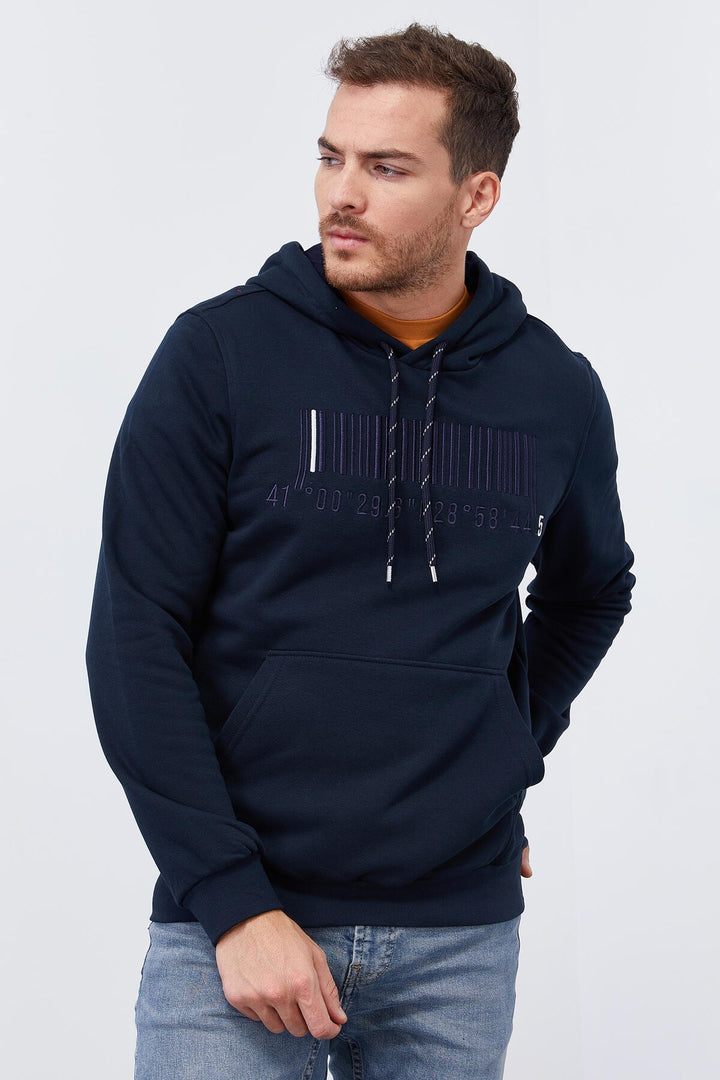 TMY Navy Blue Embroidered Kangaroo Pocket Standard Fit Hooded Men's Sweatshirt - 87839 - Osimo