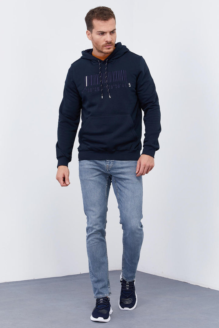TMY Navy Blue Embroidered Kangaroo Pocket Standard Fit Hooded Men's Sweatshirt - 87839 - Osimo