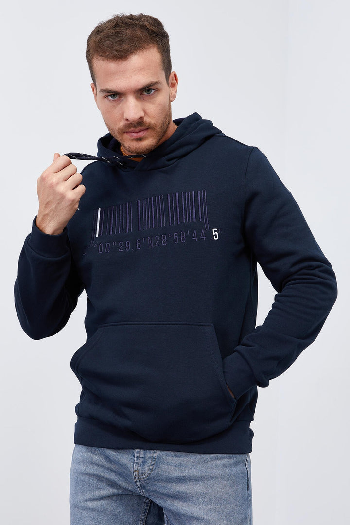 TMY Navy Blue Embroidered Kangaroo Pocket Standard Fit Hooded Men's Sweatshirt - 87839 - Osimo
