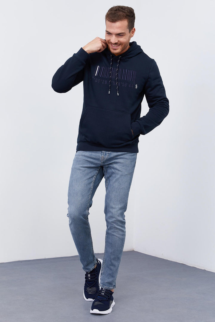 TMY Navy Blue Embroidered Kangaroo Pocket Standard Fit Hooded Men's Sweatshirt - 87839 - Osimo