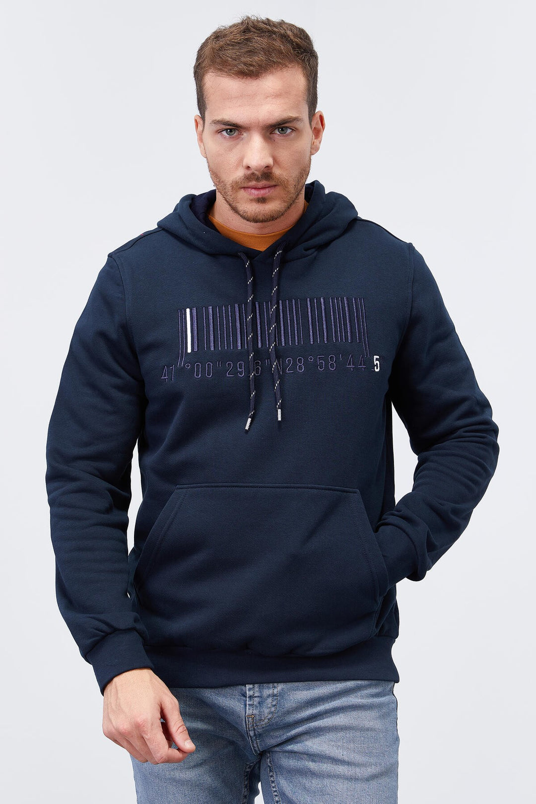 TMY Navy Blue Embroidered Kangaroo Pocket Standard Fit Hooded Men's Sweatshirt - 87839 - Osimo