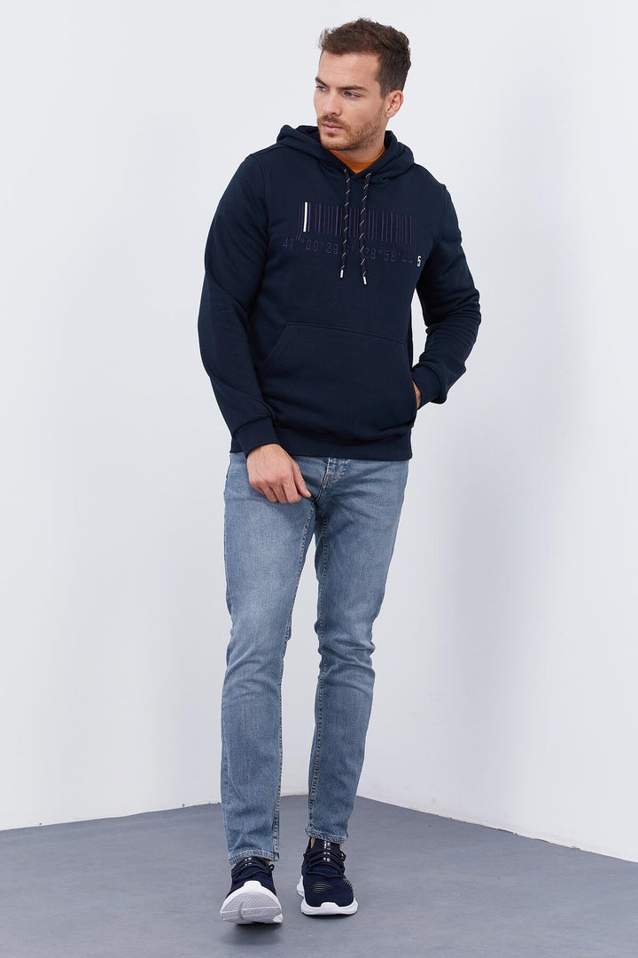 TMY Navy Blue Embroidered Kangaroo Pocket Standard Fit Hooded Men's Sweatshirt - 87839 - Osimo