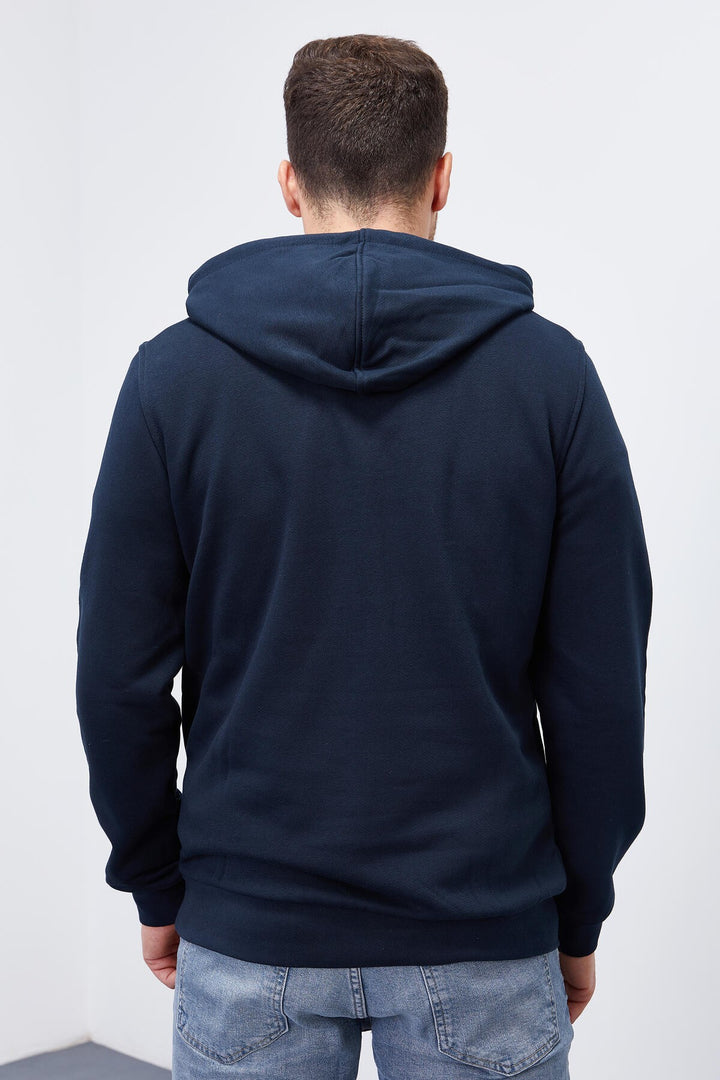 TMY Navy Blue Embroidered Kangaroo Pocket Standard Fit Hooded Men's Sweatshirt - 87839 - Osimo