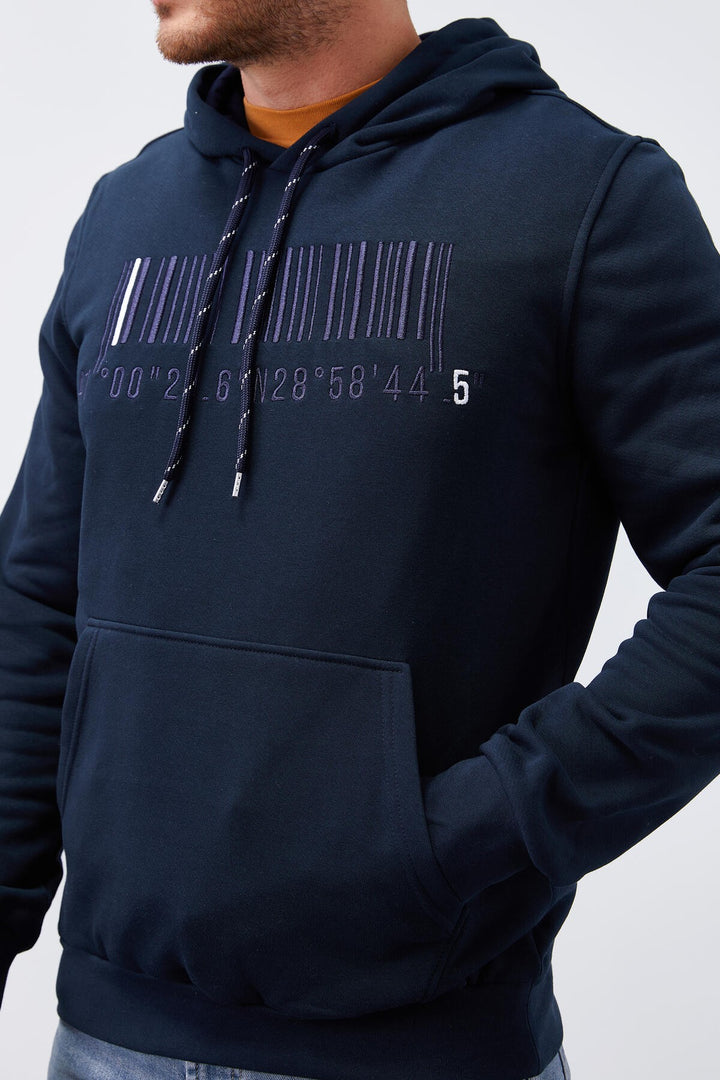 TMY Navy Blue Embroidered Kangaroo Pocket Standard Fit Hooded Men's Sweatshirt - 87839 - Osimo