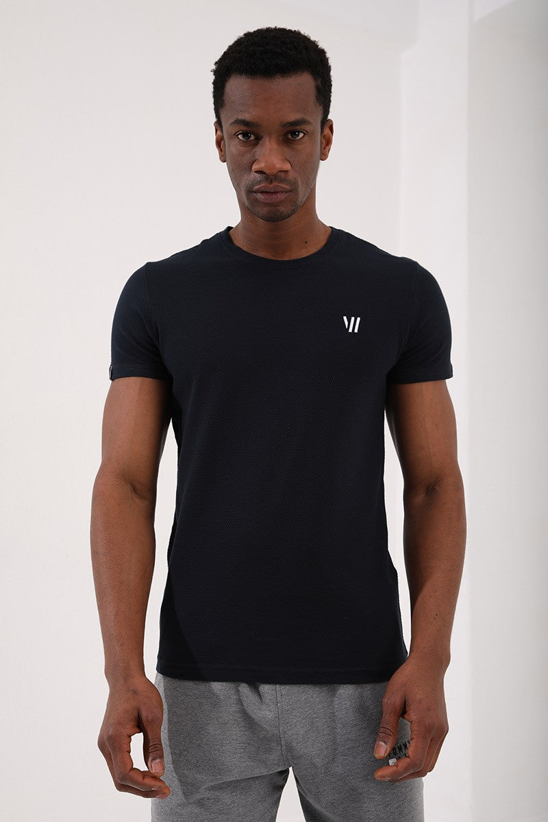 TMY Navy Blue Honeycomb Patterned Double Arrow Logo Standard Mold O Neck Men's T-Shirt - 87921 - Etten-Leur